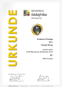 PAR Wine Award South Africa Urkunde
